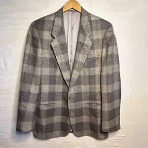 Vintage Neiman Marcus Gray Plaid Windowpane Blazer Sport Coat‎ 43R Wool Tweed